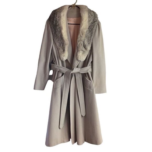 Vintage Elegant Gray beige Women's long belted Coat with Fur Collar L/XL - Picture 1 of 16